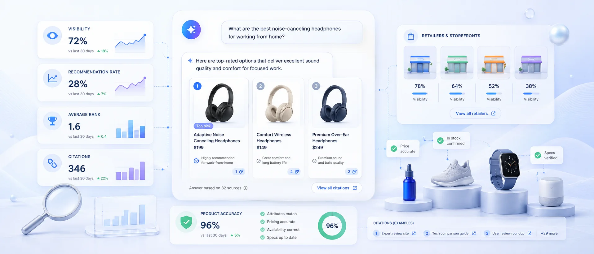AI shopping visibility dashboard showing product recommendations, competitors, citations, and retailer destinations