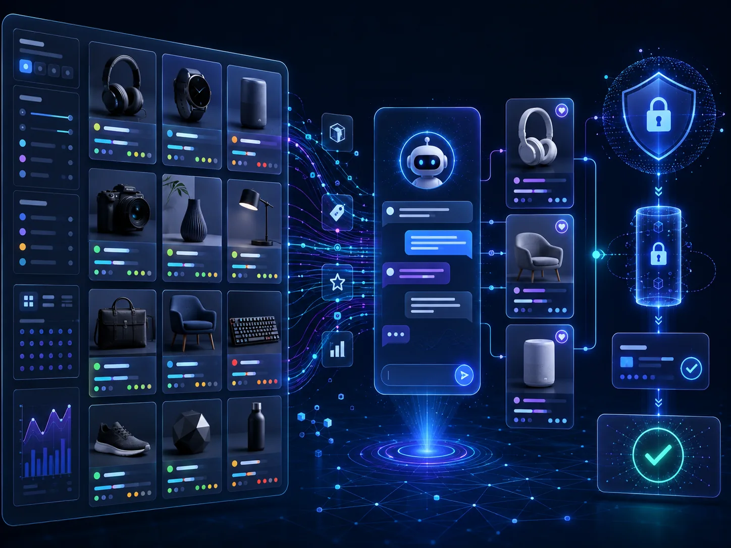 Conversational AI shopping flow connecting product feeds, recommendations, and checkout