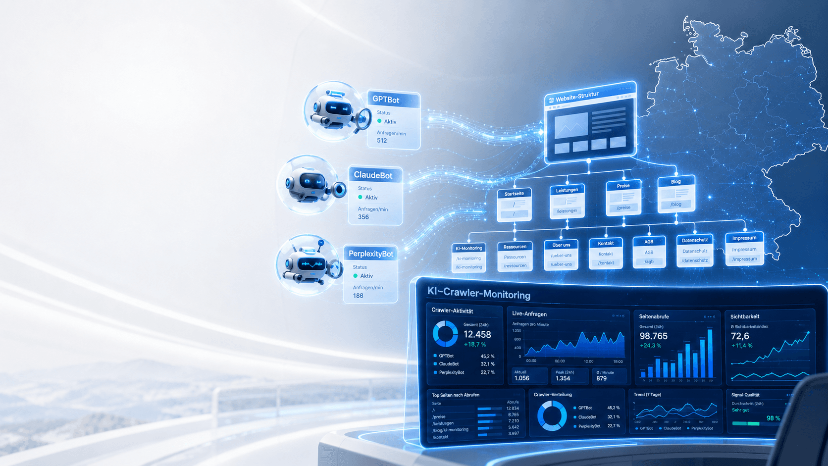 Visualisierung eines Dashboards für KI-Crawler-Monitoring