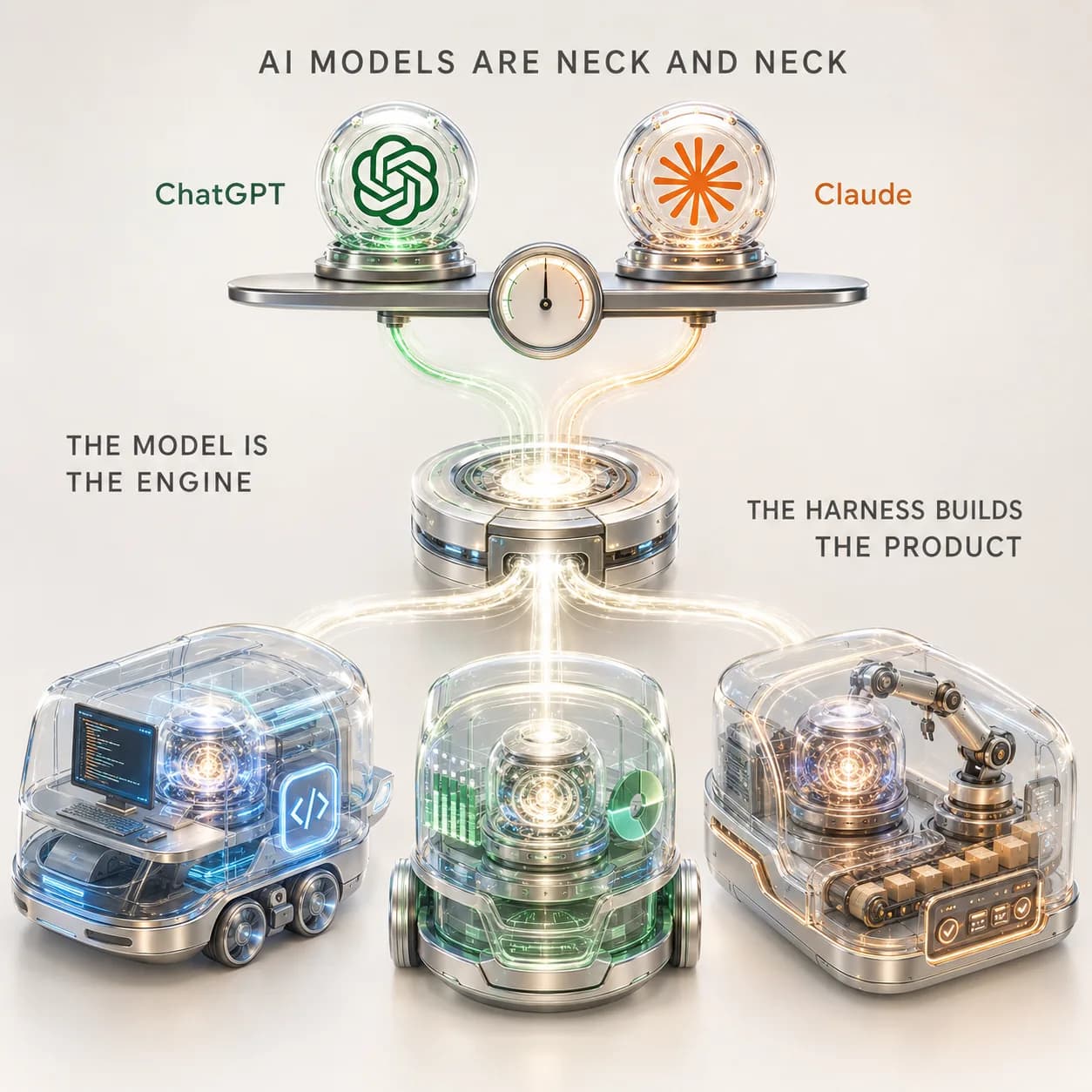AI harness architecture showing AI models connected to coding, knowledge, and automation systems