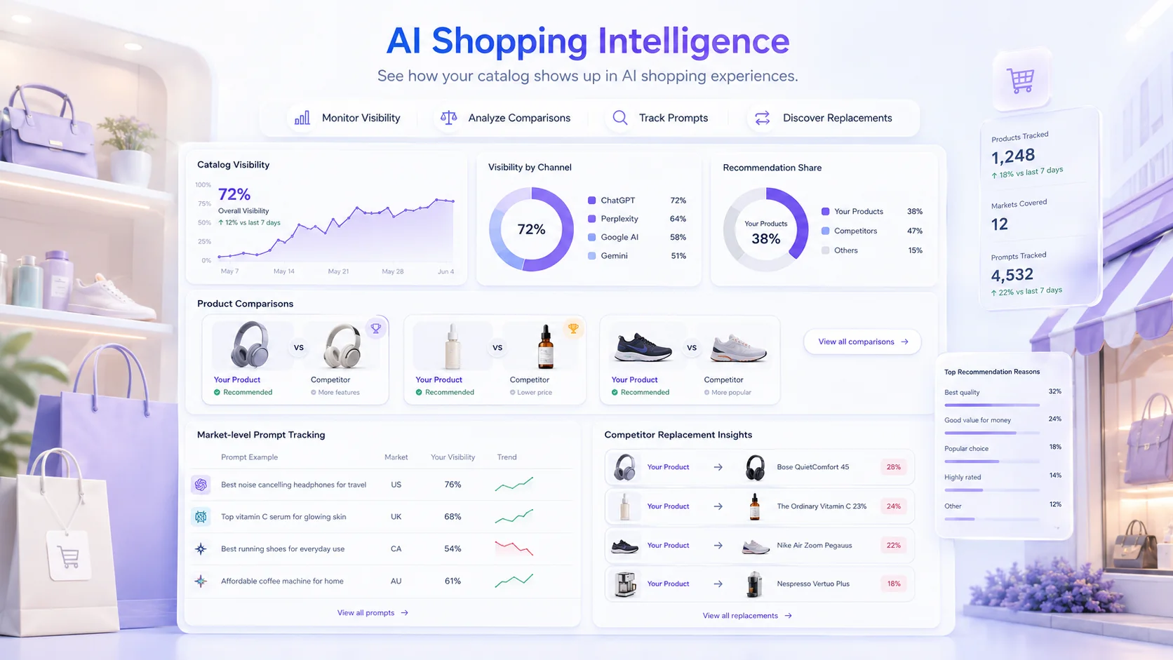AI shopping intelligence workflow for ecommerce catalogs, products, competitors, and market prompts