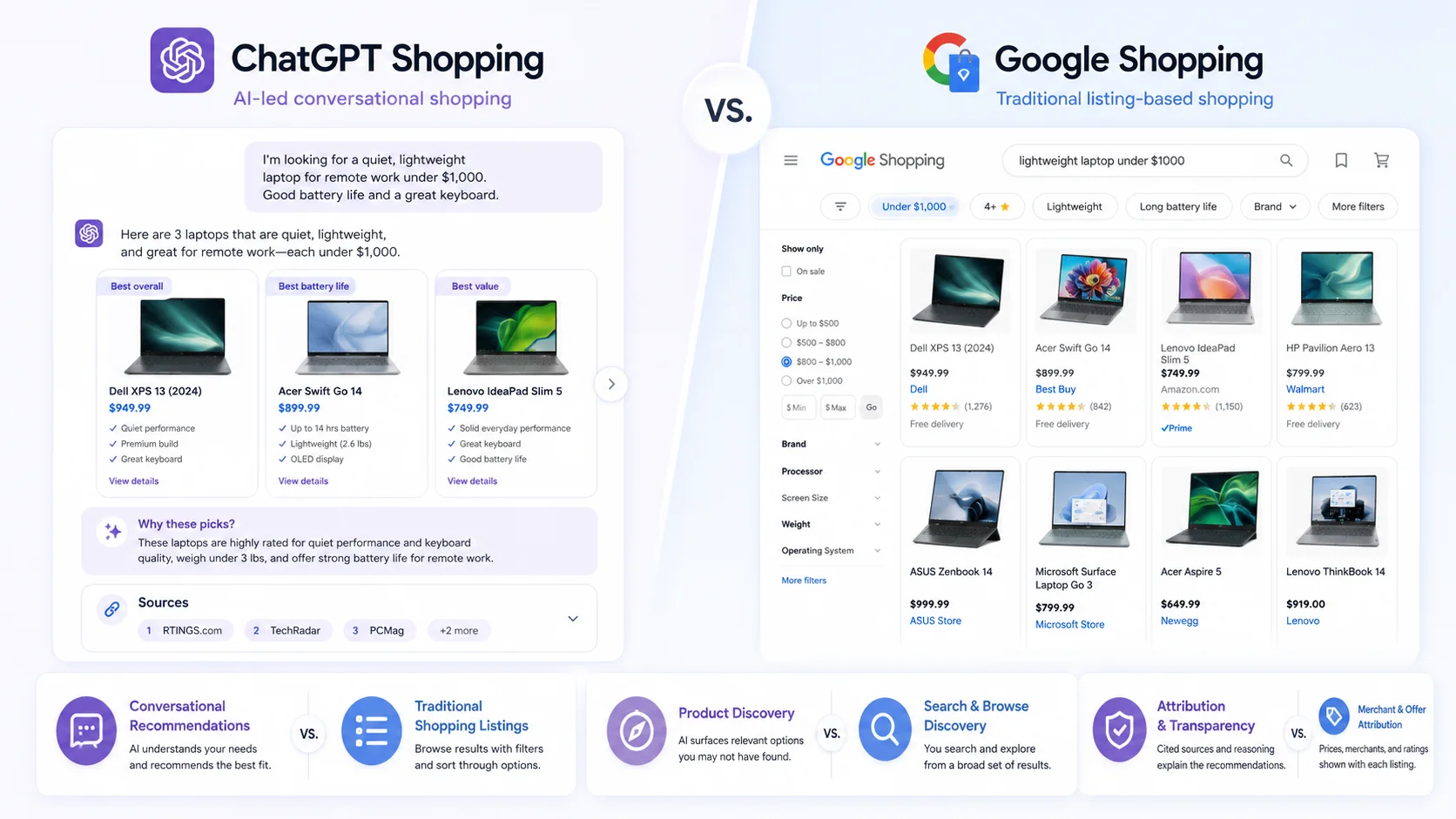 Side-by-side comparison of ChatGPT Shopping and Google Shopping discovery and attribution